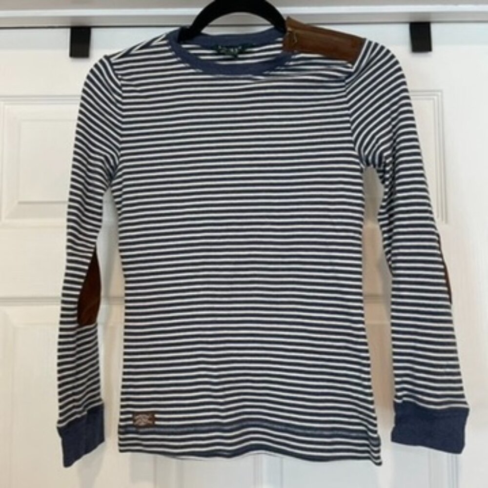 Lauren Ralph Lauren Blue/White Striped L/S 100% Cotton Shirt w/Elbow Patches